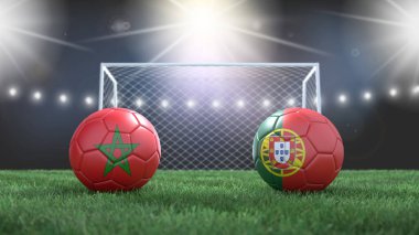 Stadyumdaki bayraklı iki futbol topu bulanık arka planda. Fas Portekiz 'e karşı. 3d resim