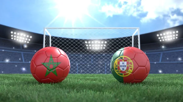 Duas Bolas Futebol Bandeiras Cores Estádio Desfocado Fundo Marrocos Portugal — Fotografia de Stock