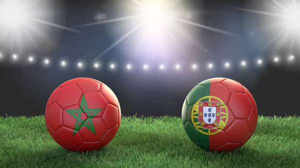 Two soccer balls in flags colors on stadium blurred background. Morocco vs Portugal. 3d image