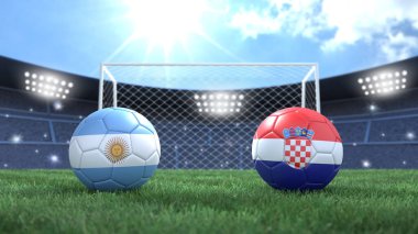 Stadyumdaki bayraklı iki futbol topu bulanık arka planda. Arjantin Hırvatistan 'a karşı. 3d resim