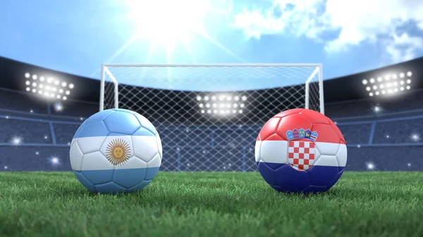 Duas Bolas Futebol Bandeiras Cores Estádio Desfocado Fundo Argentina Croácia — Fotografia de Stock