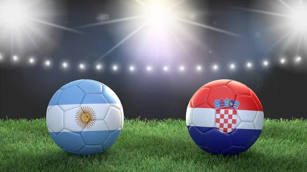 Twee Voetbal Ballen Vlaggen Kleuren Stadion Wazig Achtergrond Argentinië Tegen Stockfoto