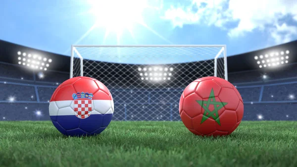 Twee Voetbal Ballen Vlaggen Kleuren Stadion Wazig Achtergrond Kroatië Marokko Stockafbeelding