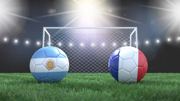 Två Fotboll Bollar Flaggor Färger Stadion Suddig Bakgrund Argentina Mot Stockfoto