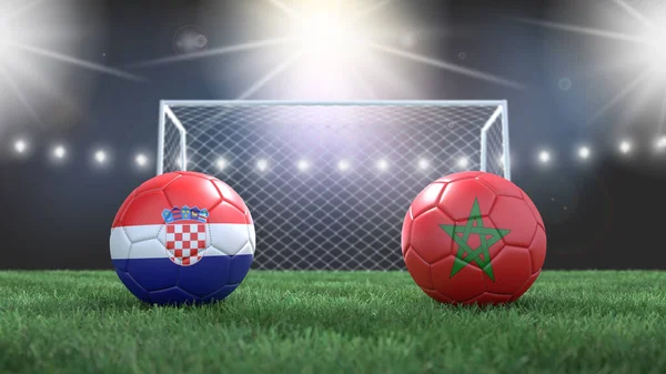 Twee Voetbal Ballen Vlaggen Kleuren Stadion Wazig Achtergrond Kroatië Marokko Rechtenvrije Stockafbeeldingen