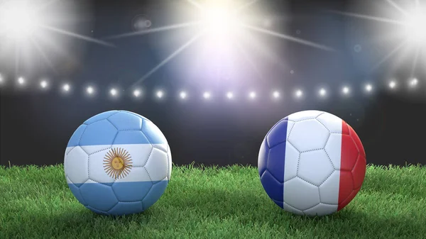 Två Fotboll Bollar Flaggor Färger Stadion Suddig Bakgrund Argentina Mot Royaltyfria Stockbilder