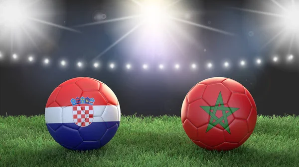 Twee Voetbal Ballen Vlaggen Kleuren Stadion Wazig Achtergrond Kroatië Marokko Stockfoto