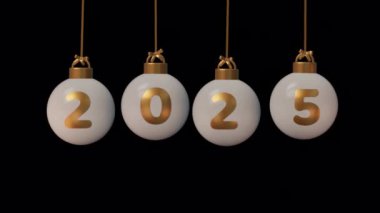 Şeffaf arkaplanda sallanan 2025 rakamlı Noel baloları. Kusursuz döngü. 3 Boyutlu Canlandırma.