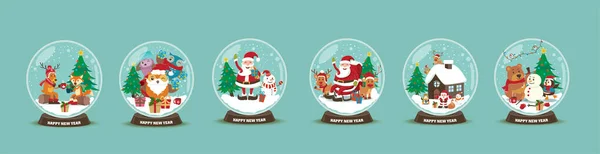 Vintage Christmas Poster Design Vector Santa Claus Deer Fox Snowman — Stock Vector