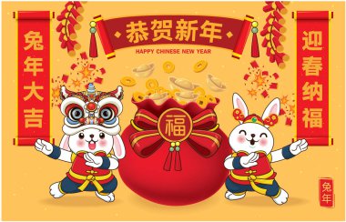 Tavşanlı, altın külçeli eski Çin yılbaşı poster tasarımı. Çince deyiş mutlu yıllar demek, tavşanın uğurlu yılı, baharda, tavşanın yılında mutluluğu kabul et demek..