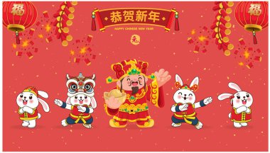 Vintage Chinese new year poster design with rabbits. Non English text translation Prosperity,happy lunar year, rabbit.