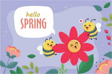 Vintage hello spring greeting banner design template with bee. clipart