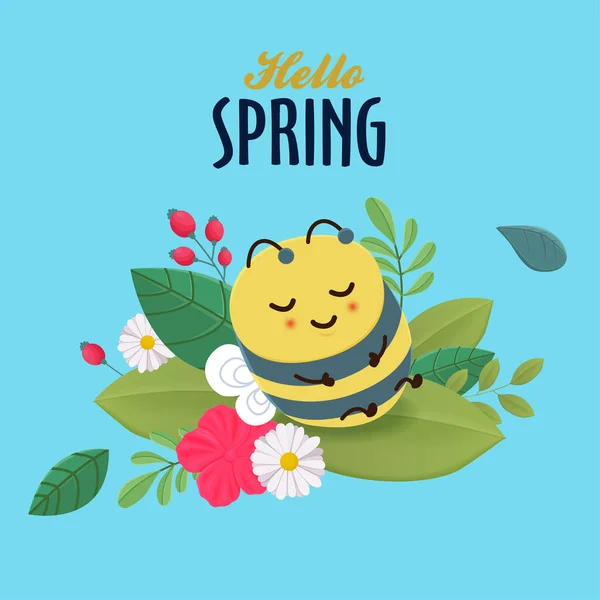 Vintage Hello Wiosenne Powitanie Szablon Baner Projekt Postacią Śpiącej Pszczoły Wektory Stockowe bez tantiem