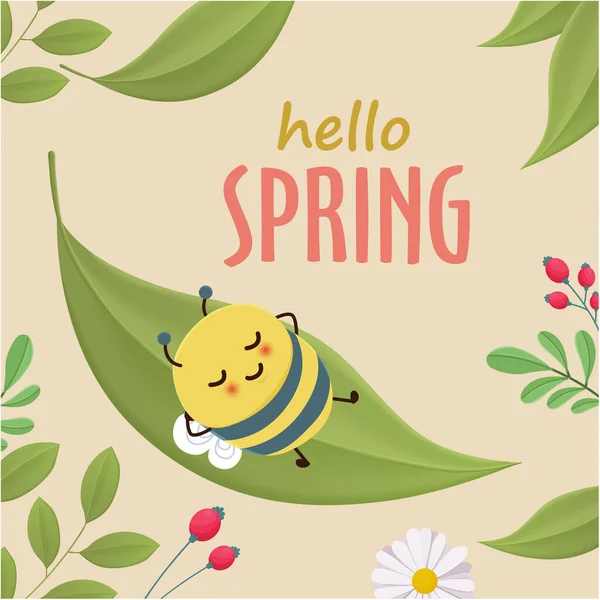 Vintage Hola Primavera Saludo Banner Diseño Plantilla Con Abeja — Vector de stock