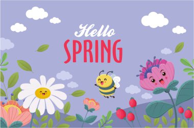 Vintage hello spring greeting banner design template with bee. clipart