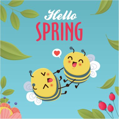 Vintage hello spring greeting banner design template with bee. clipart