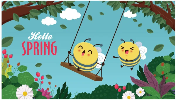 Vintage Hallo Frühling Gruß Banner Design Vorlage Mit Biene — Stockvektor