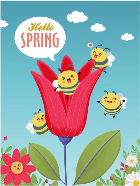 Урожай Привітання Весни Вітання Банер Дизайн Шаблон Бджолою Стоковий вектор