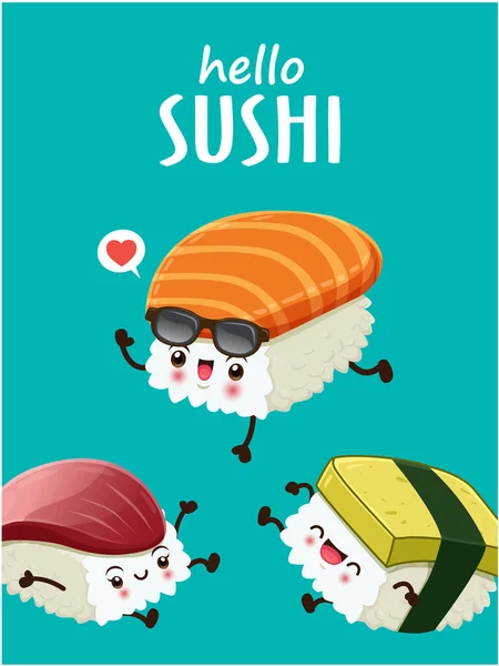 Vintage Sushi Karakter Poster Ontwerp Sjabloon — Stockvector