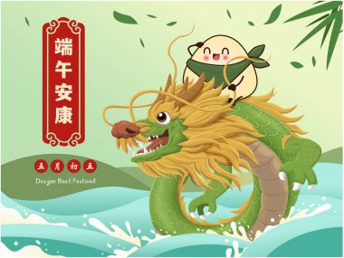 Klasik Çin usulü pirinç köftesi çizgi filmi. Ejderha teknesi festivali illüstrasyonu. Çince 'de ejderha botu festivali demek. 5 Mayıs' ta pirinç köftesi, zongzi.