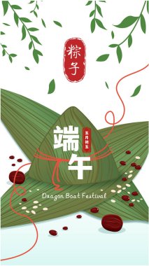 Klasik Çin mantısı çizgi film karakteri. Ejderha teknesi festivali illüstrasyonu. Çince 'de ejderha botu festivali demek. 5 Mayıs' ta pirinç köftesi..