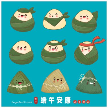 Klasik Çin mantısı çizgi film karakteri. Ejderha teknesi festivali illüstrasyonu. Çince 'de 