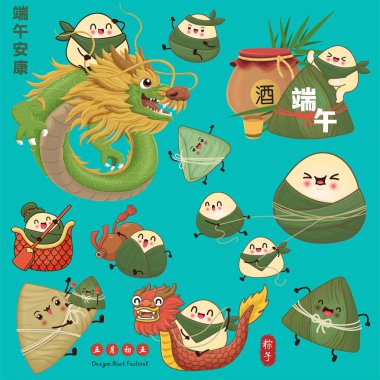 Klasik Çin usulü pirinç köftesi çizgi filmi. Ejderha teknesi festivali illüstrasyonu. Çince 'de ejderha botu festivali demek. 5 Mayıs' ta pirinç köftesi, zongzi.