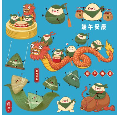 Klasik Çin usulü pirinç köftesi çizgi filmi. Ejderha teknesi festivali illüstrasyonu. Çince 'de ejderha botu festivali demek. 5 Mayıs' ta pirinç köftesi, zongzi.