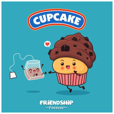 Vektör kek ve çay poşeti karakterli klasik yemek posteri tasarımı.