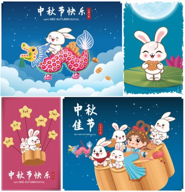 Çin ay tanrıçası ve tavşan karakterli klasik bir sonbahar festivali poster tasarımı. Çince, Sonbahar ortası Festivali, Mutlu Sonbahar Festivali, 15 Ağustos.