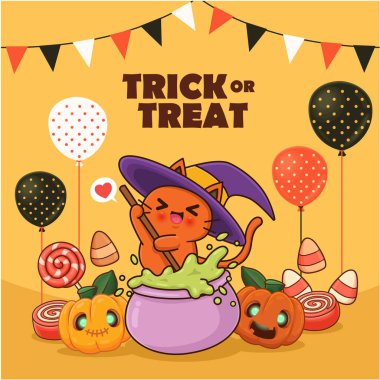 Vektör kedi ve jack o fener karakterli klasik Cadılar Bayramı poster tasarımı. 