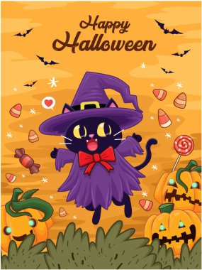 Cadılar Bayramı klasik poster tasarımı vektör kedi, cadı ve jack o fener karakter. 