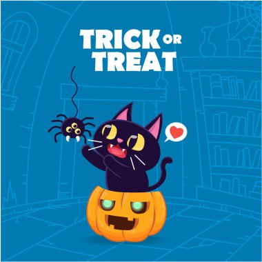 Vintage Cadılar Bayramı poster tasarımı vektör kedi, örümcek ve jack o fener karakter. 