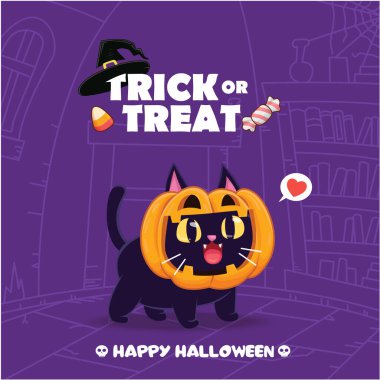 Vektör kedi ve jack o fener karakterli klasik Cadılar Bayramı poster tasarımı. 