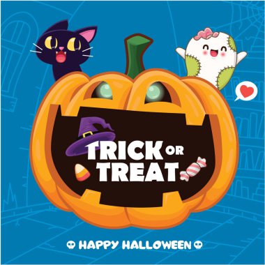 Cadılar Bayramı klasik poster tasarımı vektör kedi, hayalet ve jack o fener karakteri. 