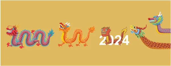 Design Cartaz Ano Novo Chinês Vintage Com Conjunto Dragões Ilustração De Stock