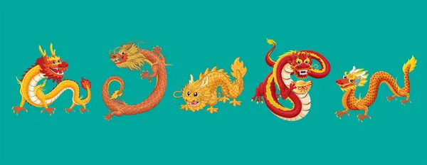Vintage Kinesiska Nyår Affisch Design Med Drake Set Royaltyfria Stockvektorer