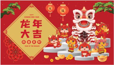 Ejderhalı, aslan danslı eski Çin yılbaşı poster tasarımı. Çince 'de 