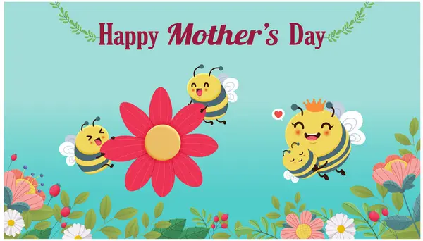 Happy Mothers Day Poster Mit Bienencharakter lizenzfreie Stockvektoren