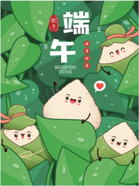 Klasik Çin mantısı çizgi film karakteri. Ejderha teknesi festivali illüstrasyonu. (Çince kelime ejderha botu festivali demek, 5 Mayıs, pirinç köftesi, zongzi)