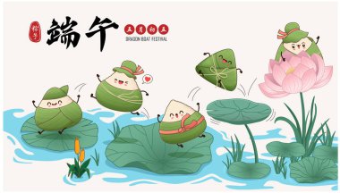 Klasik Çin mantısı çizgi film karakteri. Ejderha teknesi festivali illüstrasyonu. (Çince kelime ejderha botu festivali demek, 5 Mayıs, pirinç köftesi, zongzi)