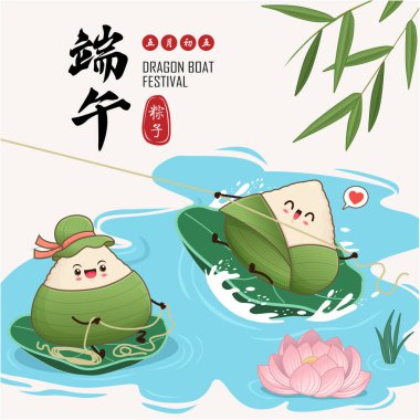 Klasik Çin mantısı çizgi film karakteri. Ejderha teknesi festivali illüstrasyonu. (Çince kelime ejderha botu festivali demek, 5 Mayıs, pirinç köftesi, zongzi)