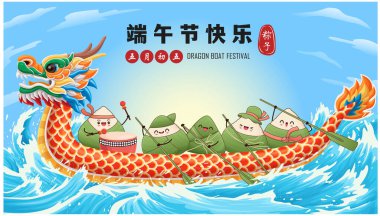 Klasik Çin mantısı çizgi film karakteri. Ejderha teknesi festivali illüstrasyonu. (Çince 