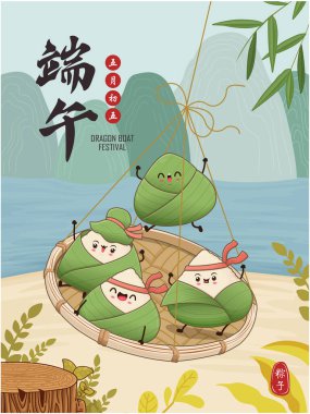 Klasik Çin mantısı çizgi film karakteri. Ejderha teknesi festivali illüstrasyonu. (Çince kelime ejderha botu festivali demek, 5 Mayıs, pirinç köftesi, zongzi)