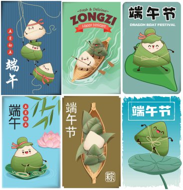 Klasik Çin mantısı çizgi film karakteri. Ejderha teknesi festivali illüstrasyonu. (Çince kelime ejderha botu festivali demek, 5 Mayıs, pirinç köftesi, zongzi)