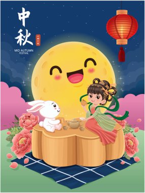 Vintage Mid Autumn Festival poster tasarımı Çin Ay Tanrıçası, tavşan karakter. Çeviri: Güz ortası Festivali, 15 Ağustos.