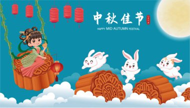 Vintage Mid Autumn Festival poster tasarımı Çin Ay Tanrıçası, tavşan karakter. Çeviri: Güz ortası Festivali, 15 Ağustos.