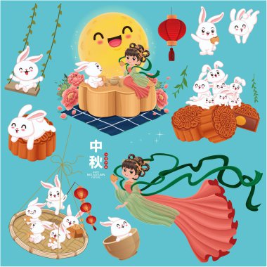 Vintage Mid Autumn Festival poster tasarımı Çin Ay Tanrıçası, tavşan karakter. Çeviri: Güz ortası Festivali, 15 Ağustos.
