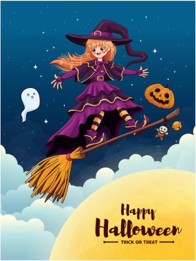 Cadılar Bayramı klasik poster tasarımı vektör cadı, hayalet, jack o fener karakteri. 