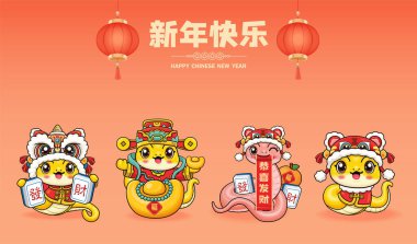 Yılanlı klasik Çin yılbaşı poster tasarımı. Çince 'de 